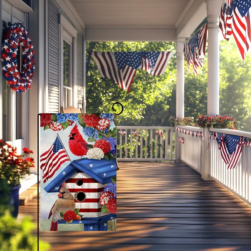 BLKWHT 4th of July Cardinal Bird Garden Flag 12x18 Vertical Double Sided Red Blue Floral Memorial Day Independence Day Holiday Outside Decorations Burlap Yard Flag BW824 - Image 2
